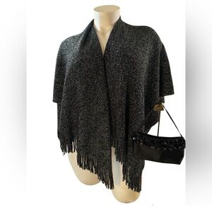 Elegant Black and Gray Shawl with Fringe EUC
